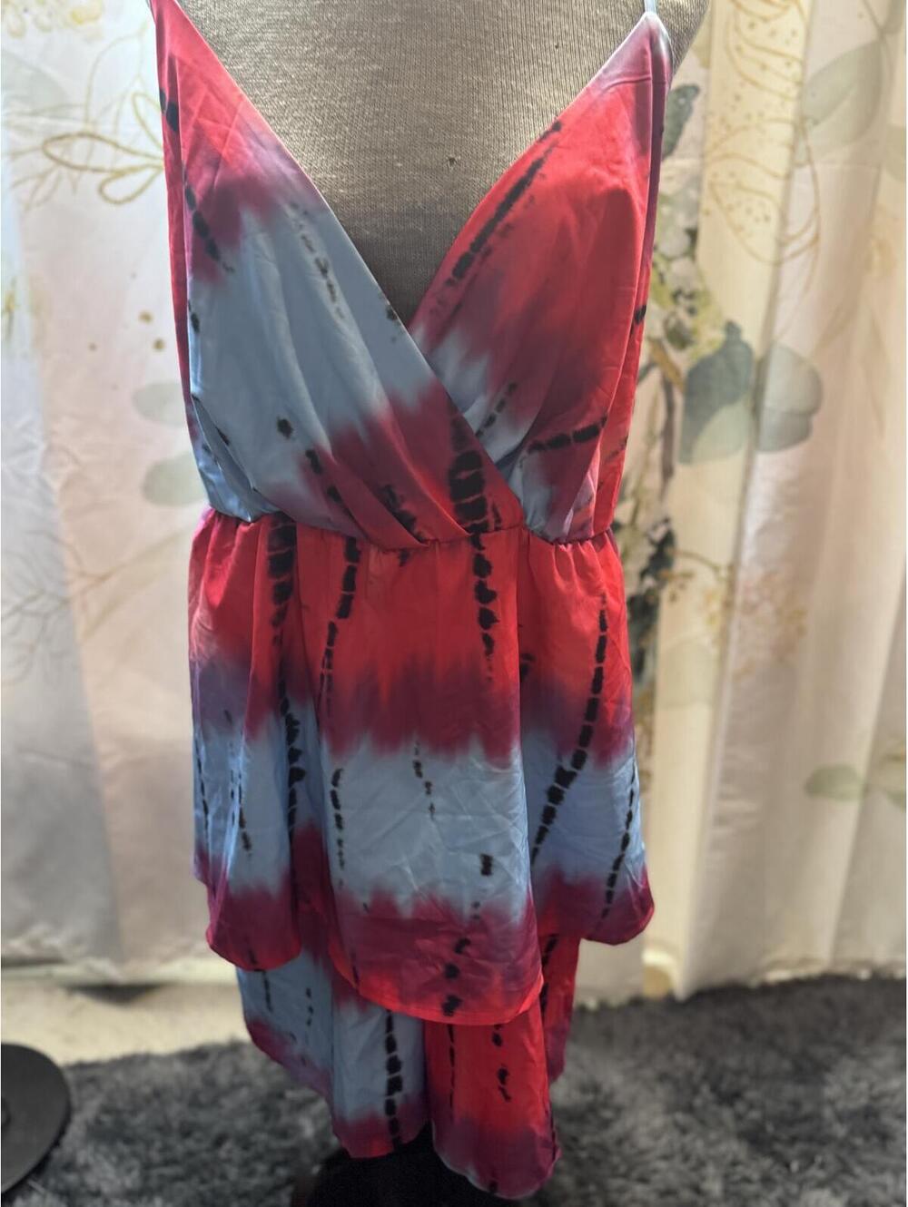 Shein Curve 5X Red and Blue Tie-Dye Spaghetti Strap Dress with V-Neck